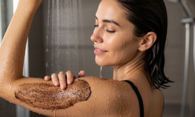 Mulher sob o chuveiro, olhos fechados, aplicando esfoliante de borra de café no braço.