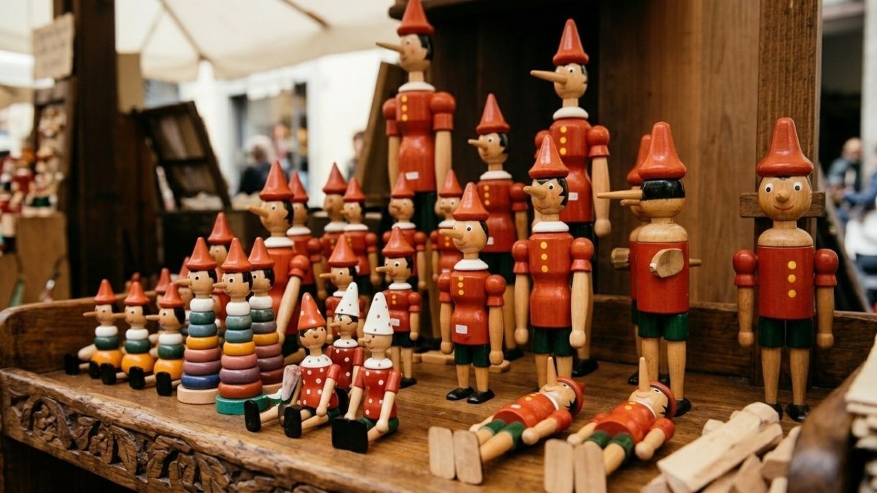 Bonecos de Pinóquio de madeira com narizes longos e chapéus vermelhos em exposição.