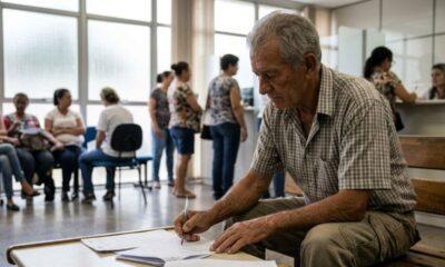 Homem idoso escreve em documentos, caneta na mão, em sala de espera pública.