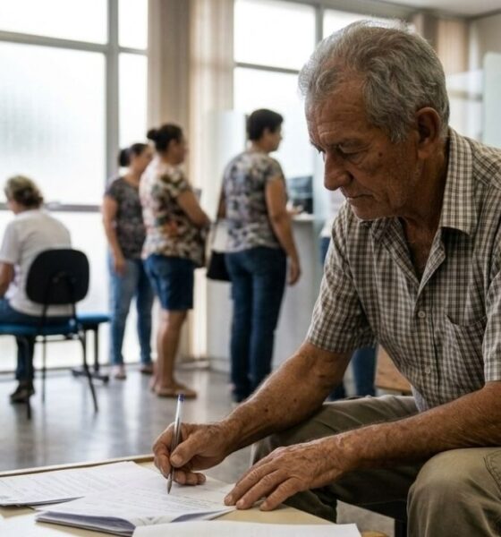 Homem idoso escreve em documentos, caneta na mão, em sala de espera pública.
