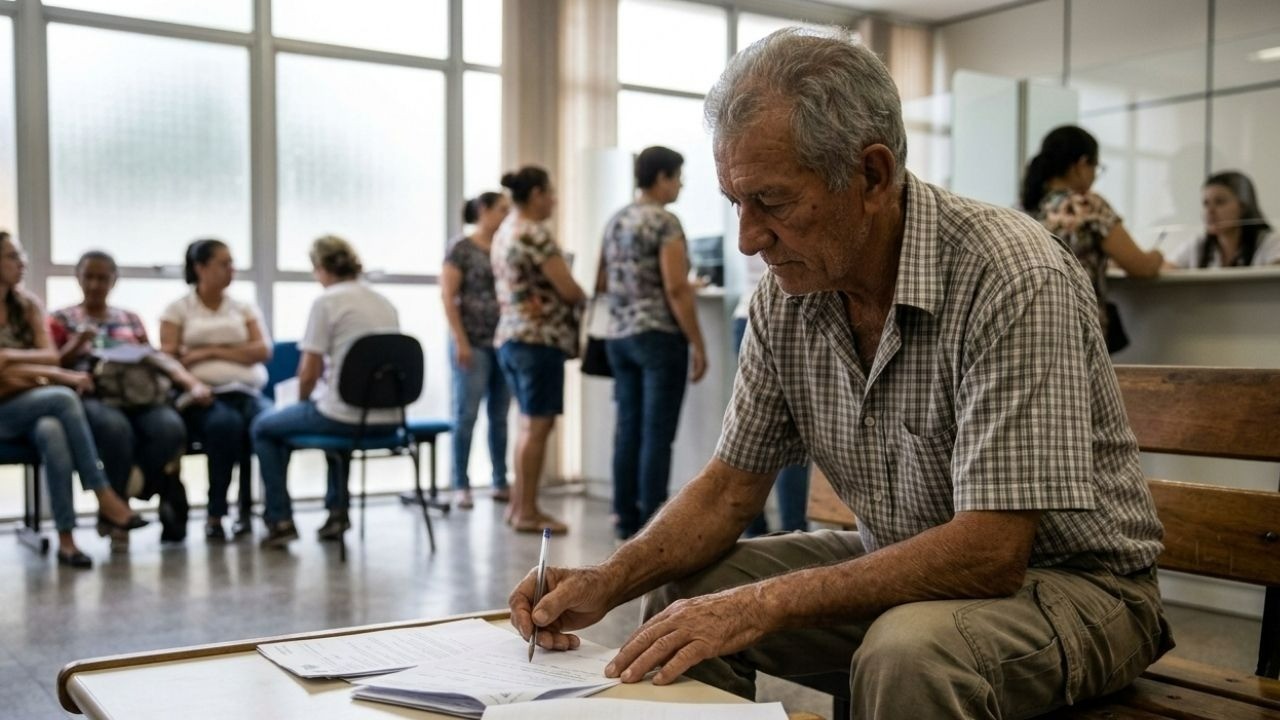 Homem idoso escreve em documentos, caneta na mão, em sala de espera pública.