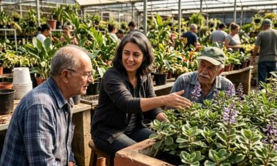 Mulher sorridente conversa com dois homens idosos em estufa, apontando para plantas com flores roxas.
