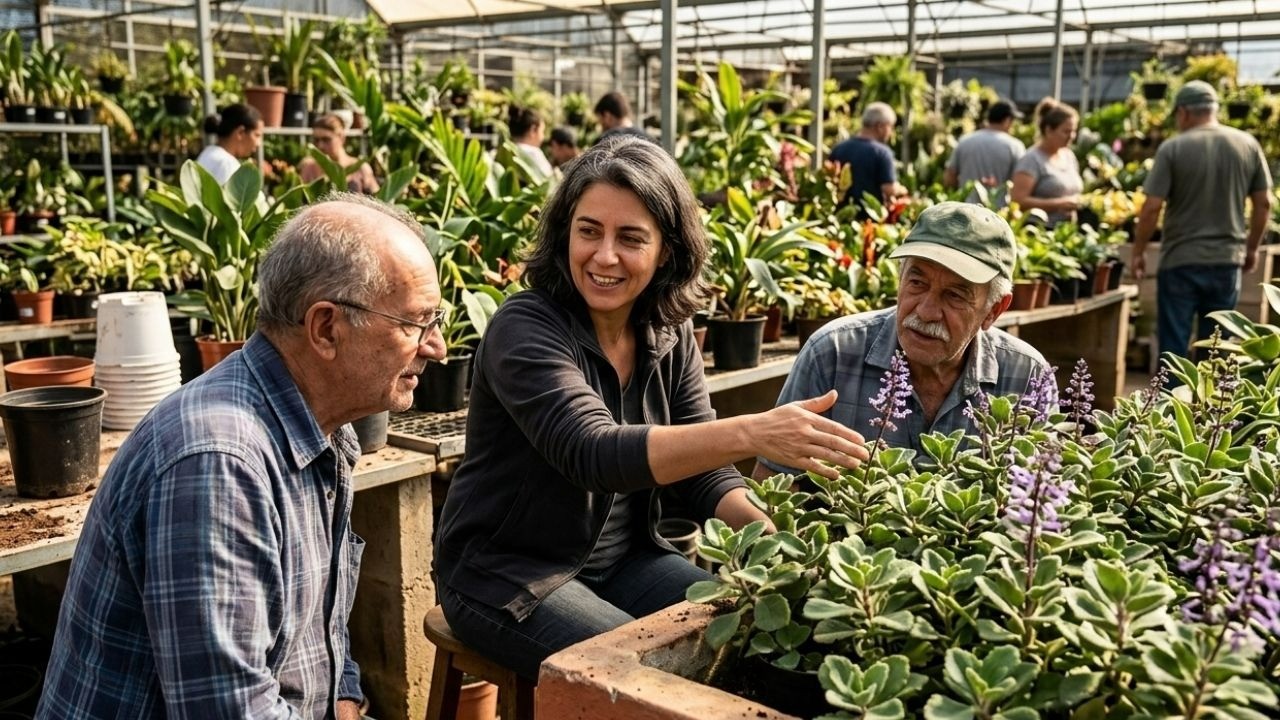 Mulher sorridente conversa com dois homens idosos em estufa, apontando para plantas com flores roxas.