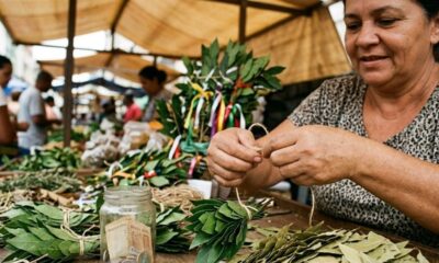 Mulher amarra maços de folhas de louro; jarro com dinheiro sobre mesa em feira.