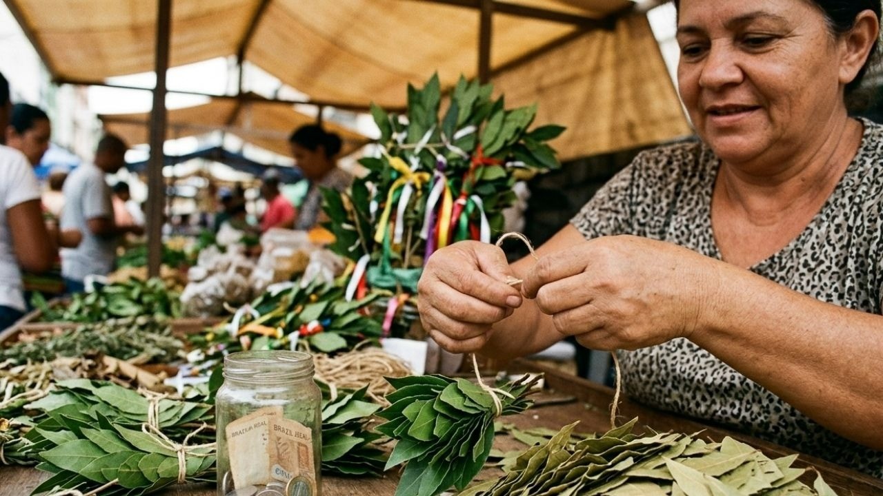 Mulher amarra maços de folhas de louro; jarro com dinheiro sobre mesa em feira.