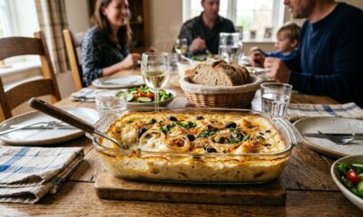 Bacalhau de forno em travessa com cebola e azeitonas, servido para família.