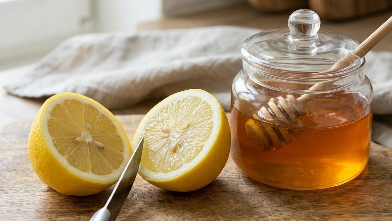 Duas metades de limão e um pote de mel com pegador em tábua de madeira.