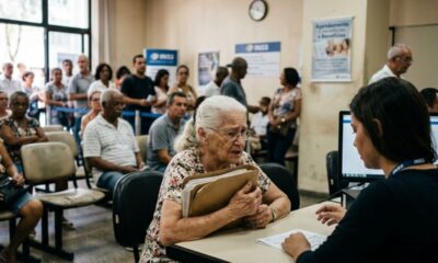Idosa com documentos fala com atendente do INSS. Outras pessoas esperam ao fundo.