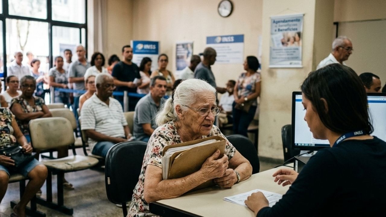 Idosa com documentos fala com atendente do INSS. Outras pessoas esperam ao fundo.