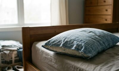 Travesseiro azul-acinzentado desgastado sobre cama em quarto com janela e cômoda de madeira.