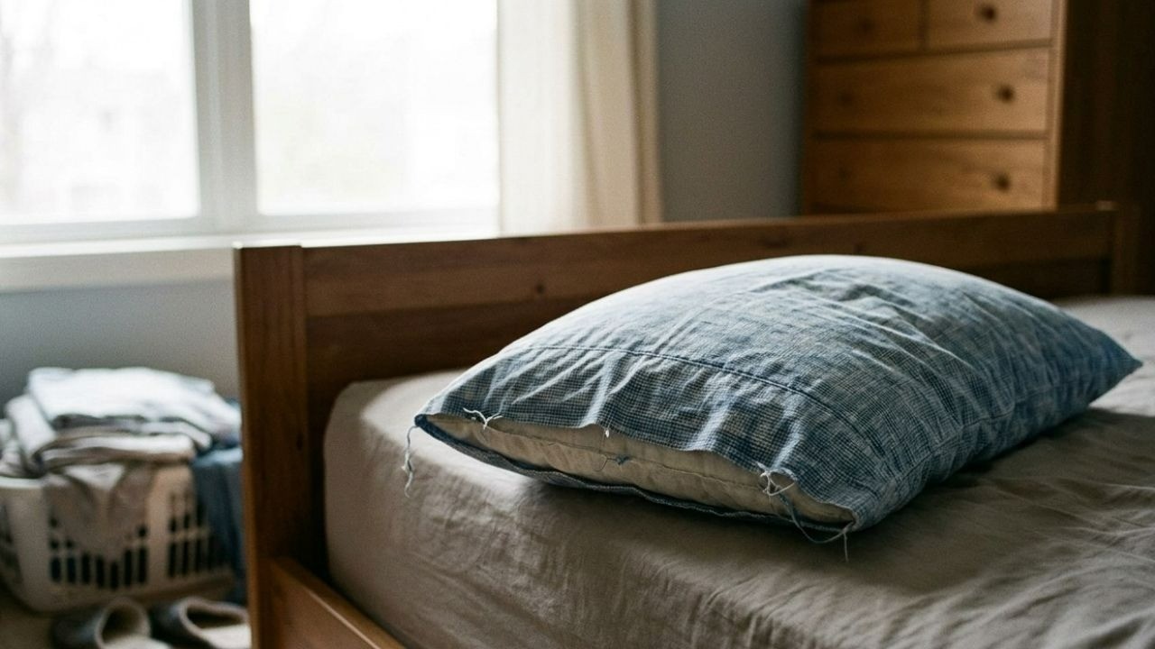 Travesseiro azul-acinzentado desgastado sobre cama em quarto com janela e cômoda de madeira.