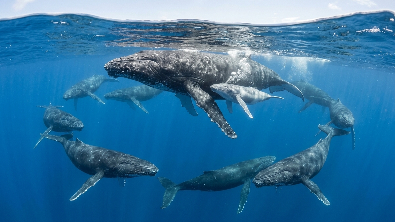 Família de baleias surpreende cientistas ao ajudar mãe no nascimento do filhote