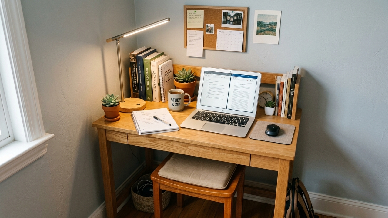 Esse modelo de bancada ajuda a estudar melhor sem ocupar demais o quarto