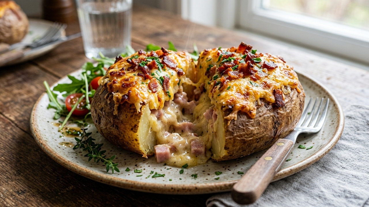 Misture purê de batata, creme de queijo, presunto e gouda e faça uma batata recheada super cremosa em minutos