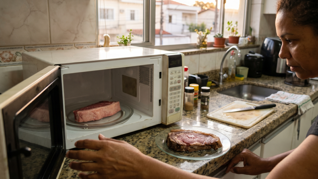 A carne não fica borrachuda no micro-ondas por acaso e o erro costuma estar em um botão muito comum