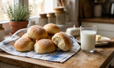 Misture farinha, leite morno e fermento e faça uma bisnaguinha caseira macia para o café da manhã