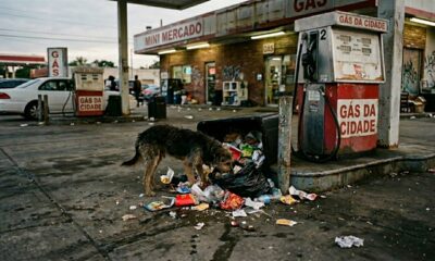 Cachorrinho comendo lixo em posto de gasolina ganha nova chance de vida