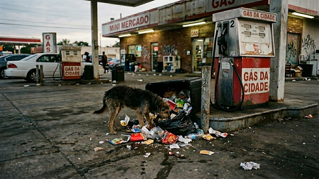Cachorrinho comendo lixo em posto de gasolina ganha nova chance de vida