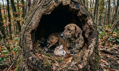 Cadela perdida leva equipes de resgate até árvore oca e faz descoberta emocionante