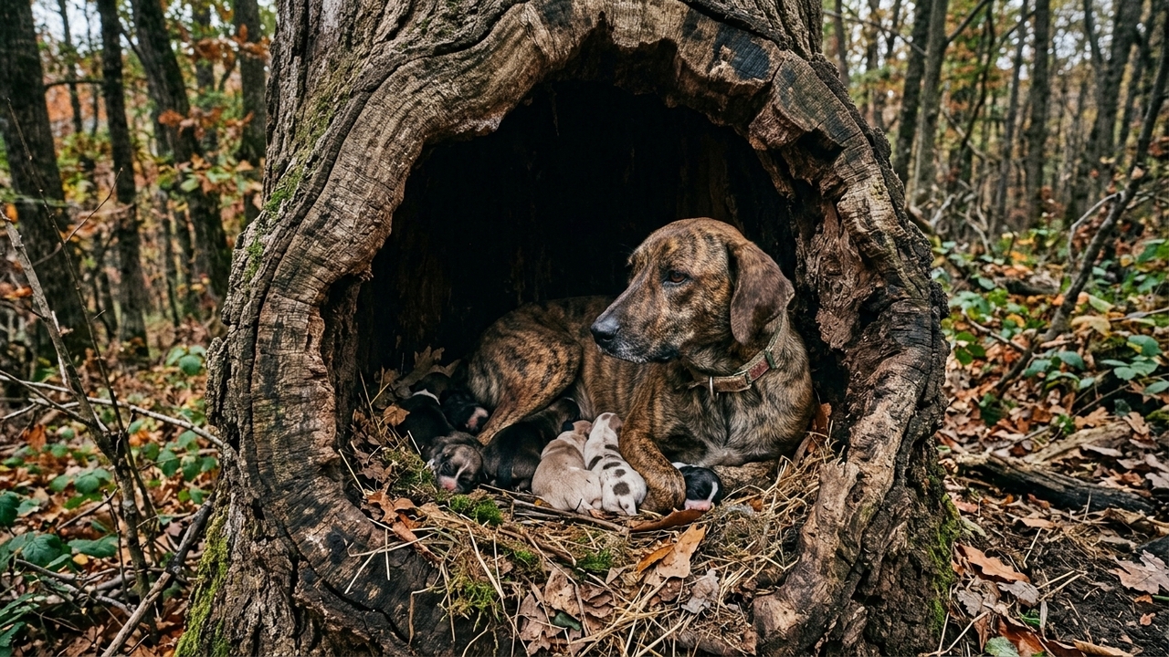 Cadela perdida leva equipes de resgate até árvore oca e faz descoberta emocionante