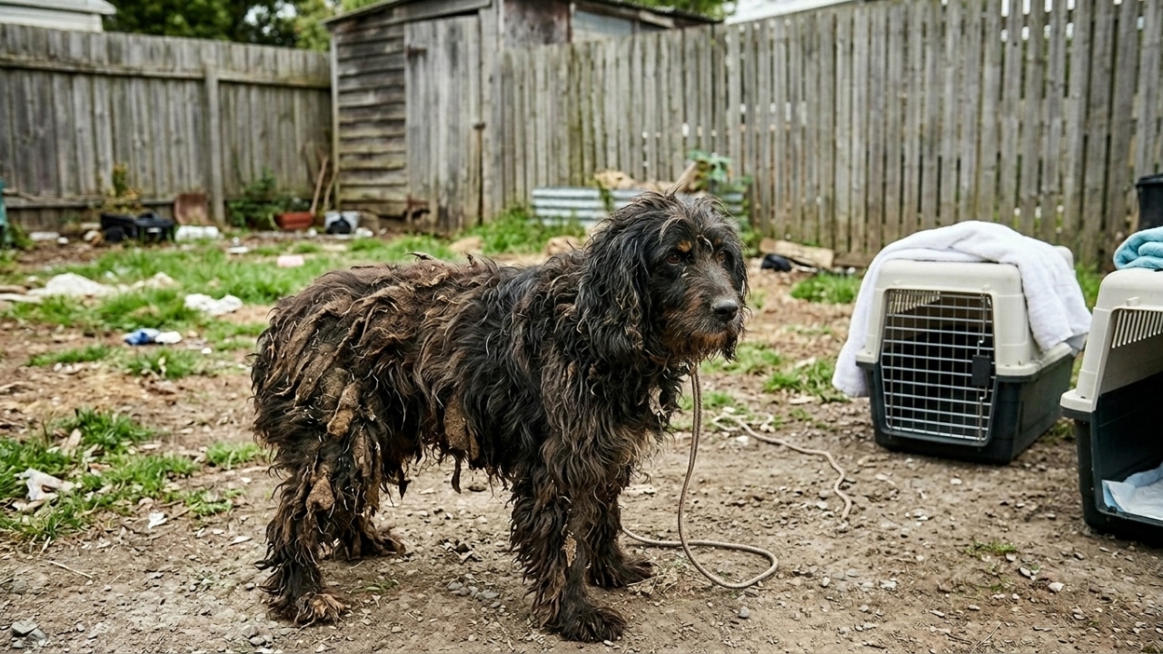 Cadela resgatada tinha pelos emaranhados escondendo grave negligência