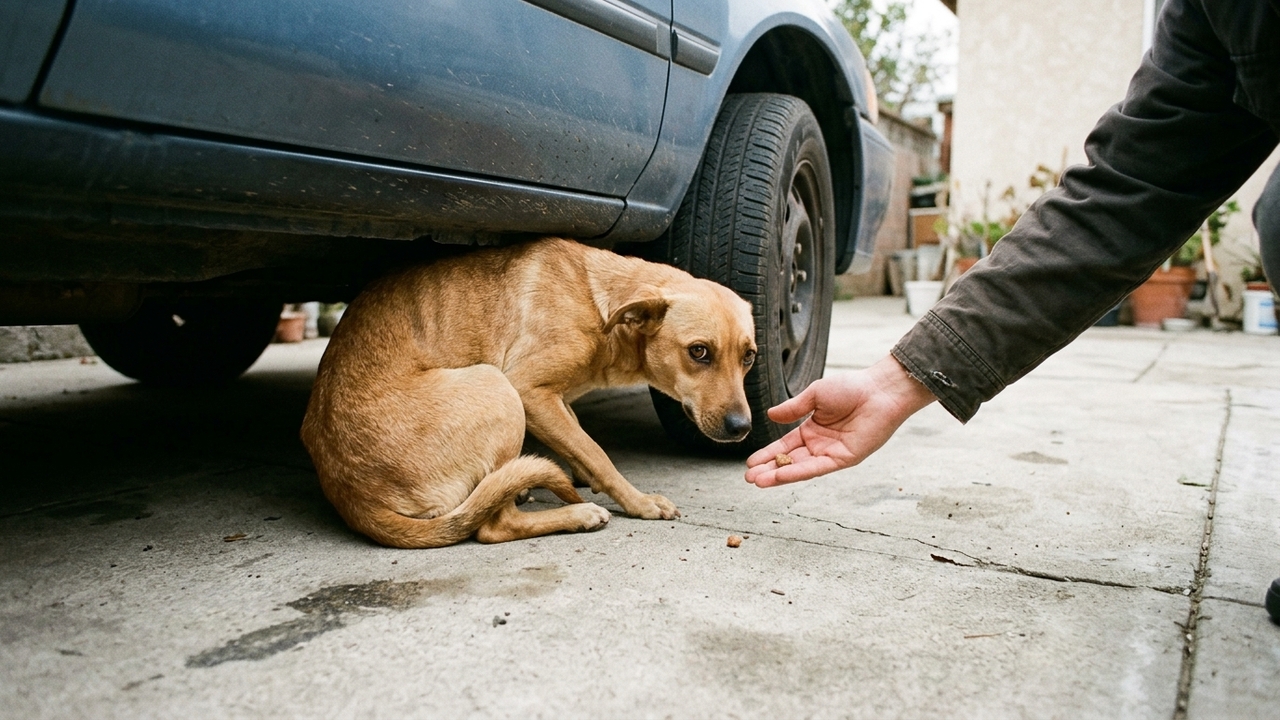 Cadela trêmula vive escondida até ser resgatada com cuidado
