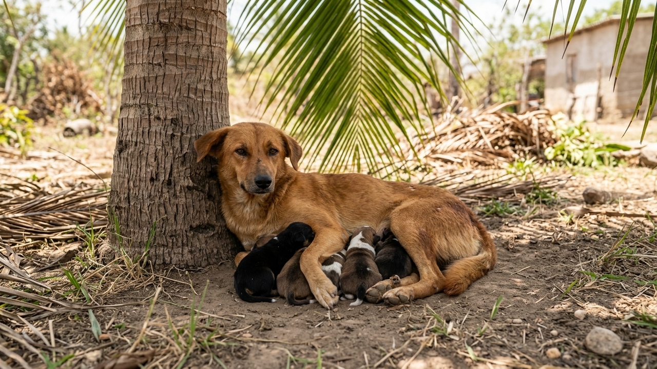 Mãe protege filhotes recém-nascidos sob palmeira e chama atenção pelo cuidado