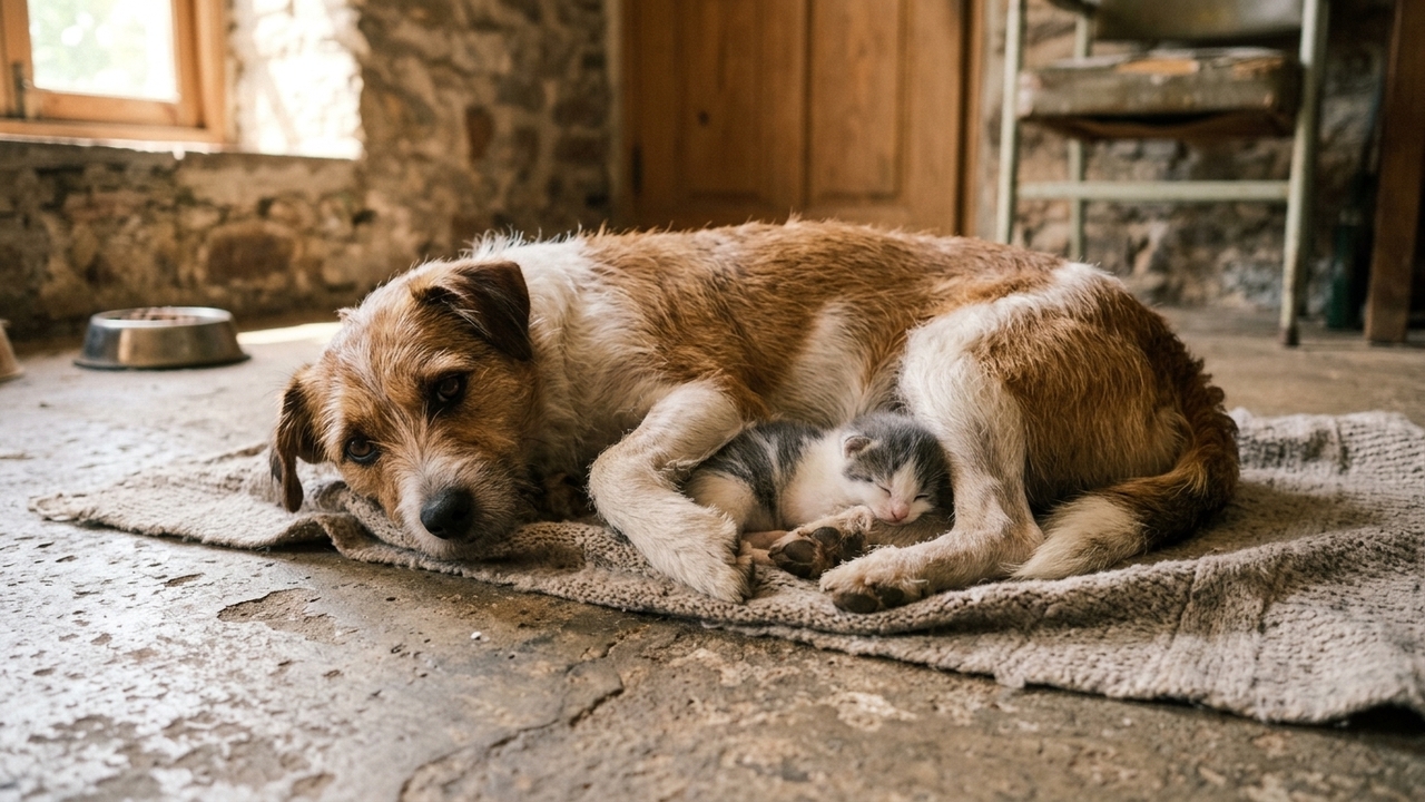 Cadela resgatada adota gatinho órfão e emociona com atitude