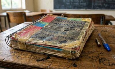 Materiais escolares usados até o fim lembram uma infância simples de caderno encapado com papel