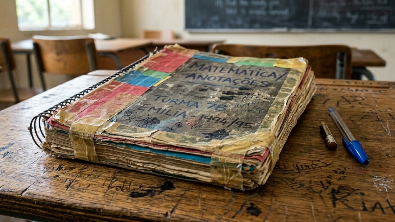 Materiais escolares usados até o fim lembram uma infância simples de caderno encapado com papel