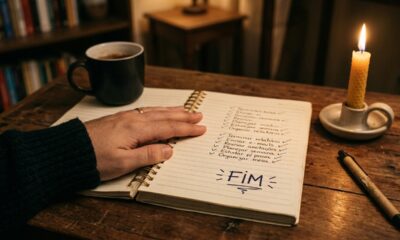 Caderno com todas as tarefas concluídas e página sendo fechada, vela iluminando a cena em ambiente simples, representação de finalização consciente