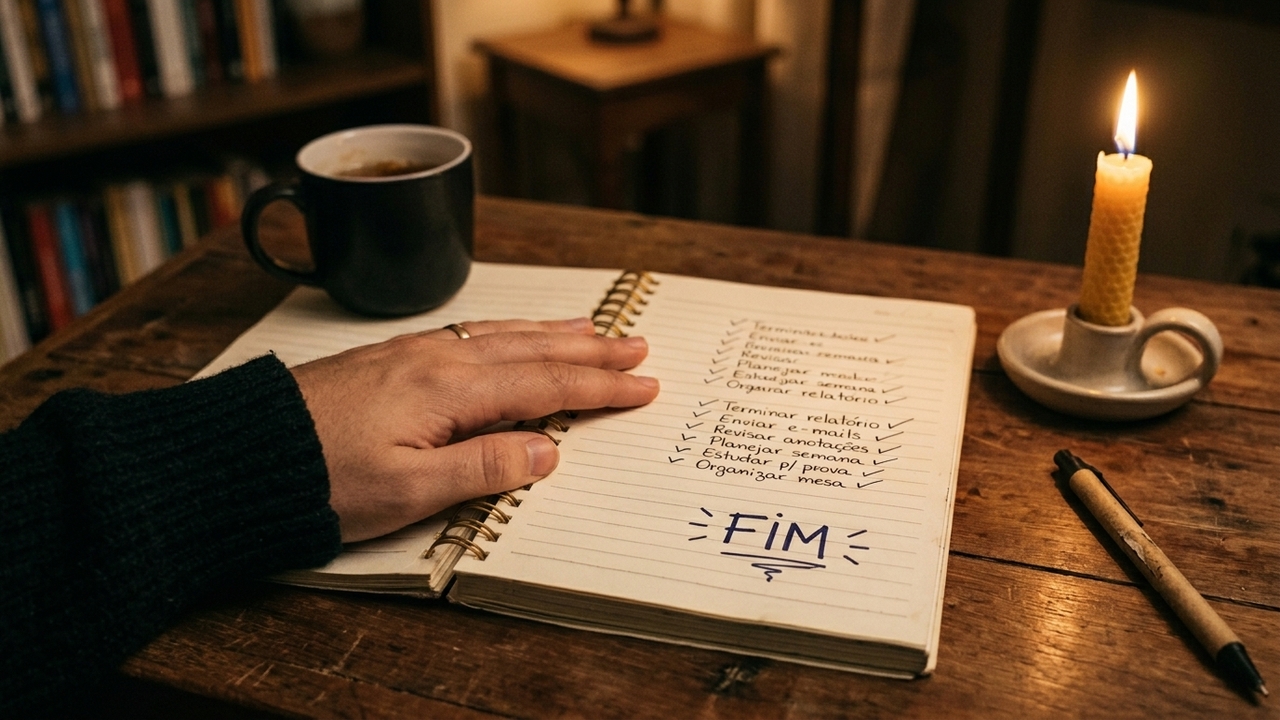 Caderno com todas as tarefas concluídas e página sendo fechada, vela iluminando a cena em ambiente simples, representação de finalização consciente