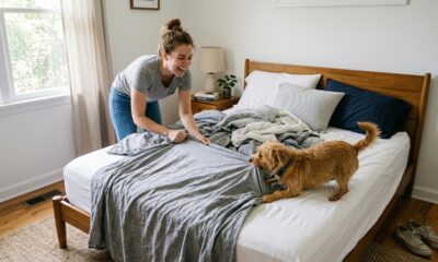 Cadela transformou rotina de arrumar a cama em momento de diversão