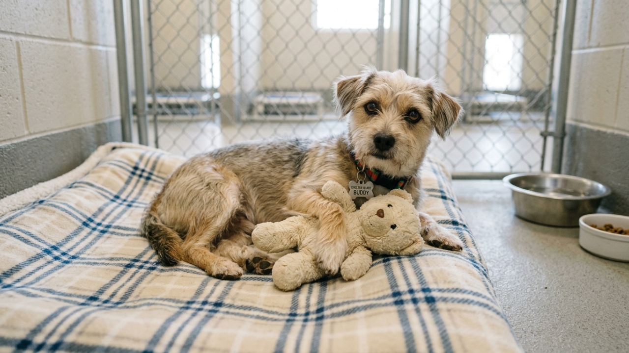 Cãozinho abandonado se agarra a pelúcias enquanto espera adoção