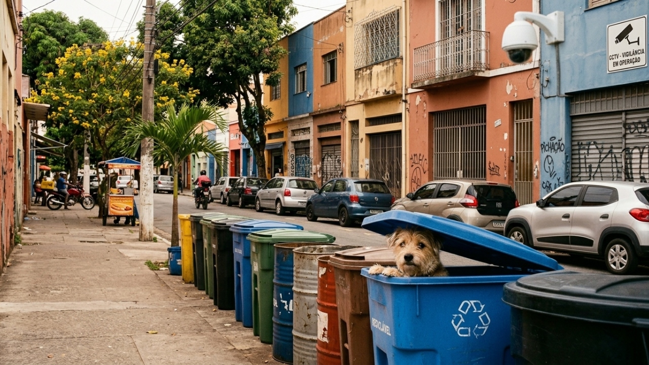 Câmeras de segurança flagram animal de estimação preso em reciclagem