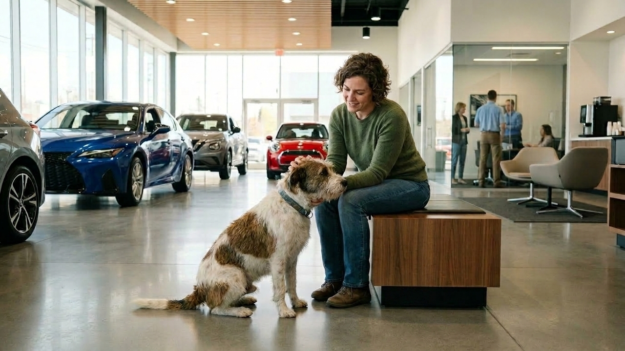 Cão de rua acompanha clientes em concessionária esperando adoção
