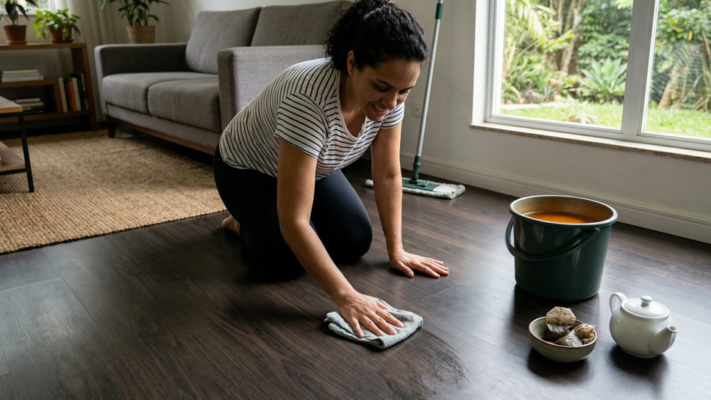Joguei dois sachês de chá no balde e deixei o piso sem marcas e com brilho natural