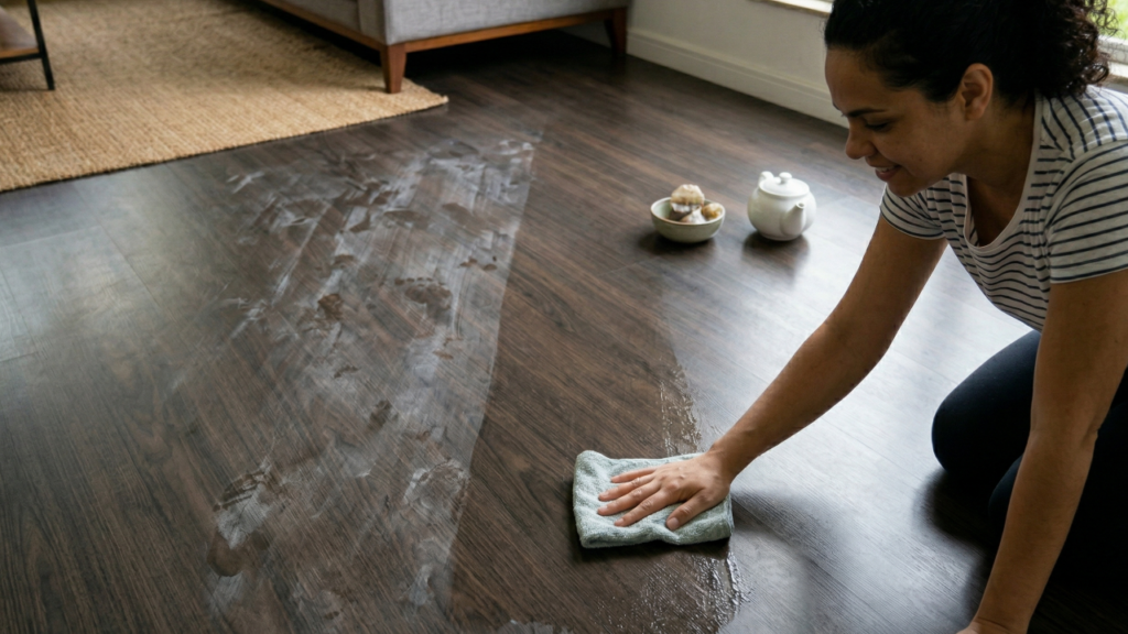 Joguei dois sachês de chá no balde e deixei o piso sem marcas e com brilho natural