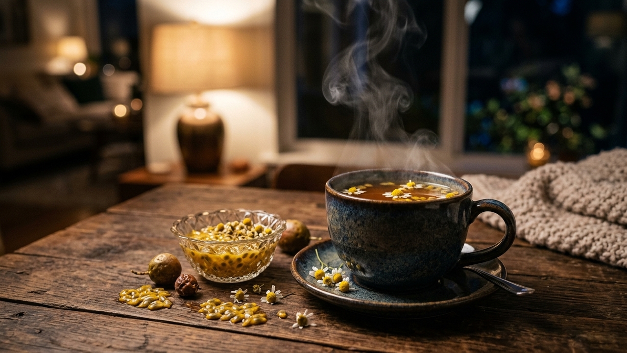 Maracujá com camomila juntos formam um chá calmante que pode ajudar a acalmar a mente no fim do dia