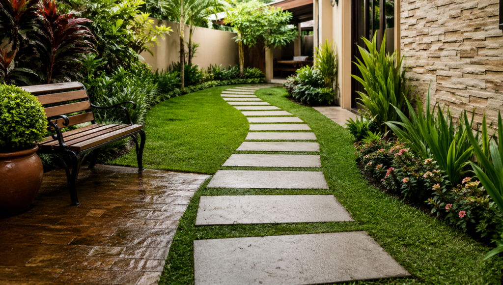 Jardim simples ganha charme com caminho de pedras e visual mais organizado