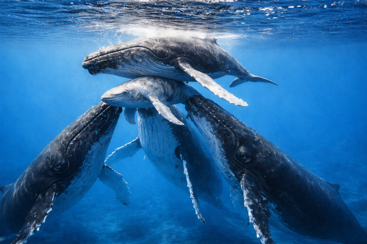 Cientistas testemunham raro momento de uma família de baleias reunidas para ajudar a mãe a parir