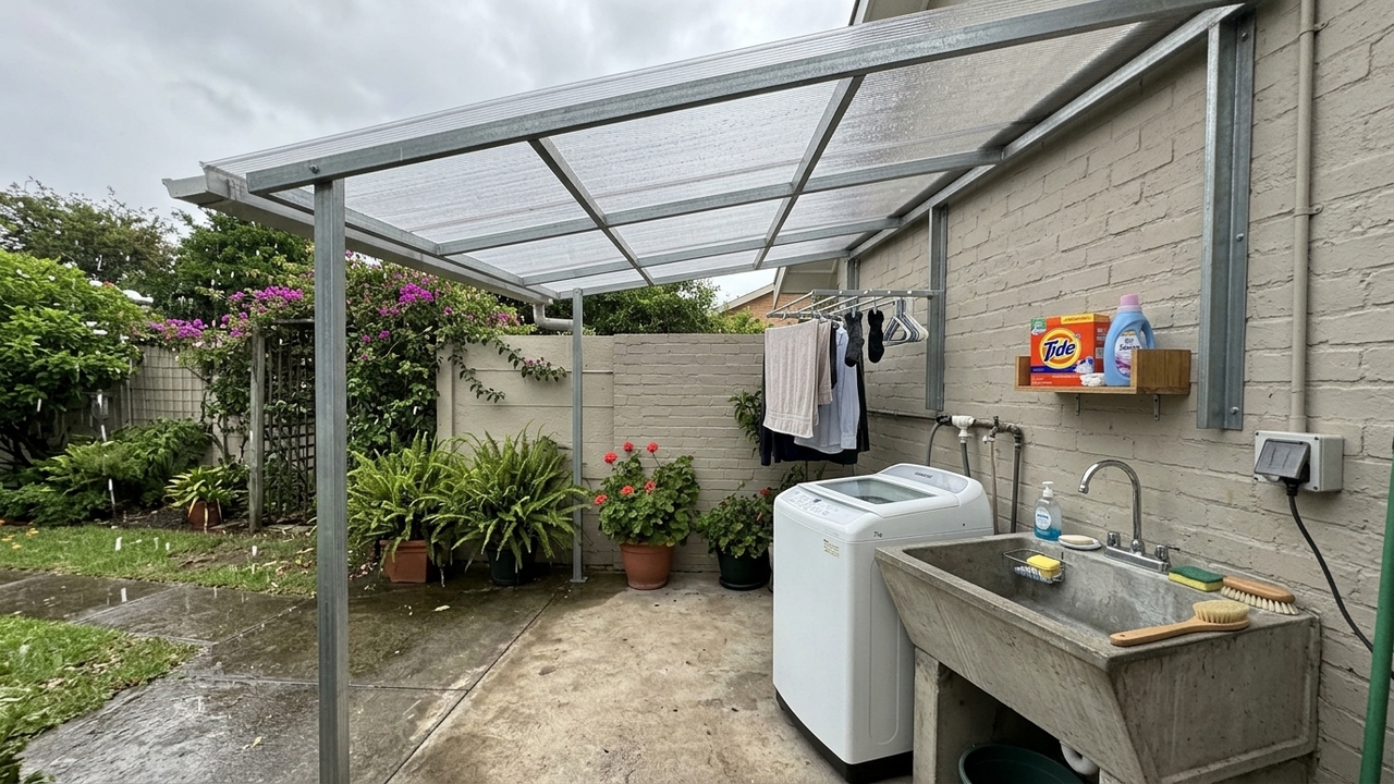 A cobertura simples para lavanderia que protege da chuva e evita gastar com estrutura pesada