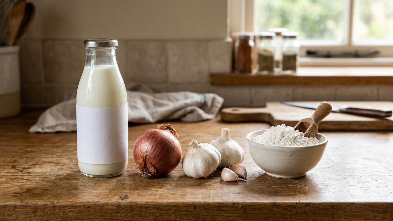 Misture leite, cebola, alho e farinha e faça um molho branco caseiro que muda qualquer prato