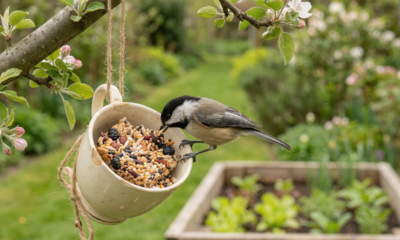 Colocar uma xícara velha no jardim pode atrair pássaros e proteger suas plantas de forma natural