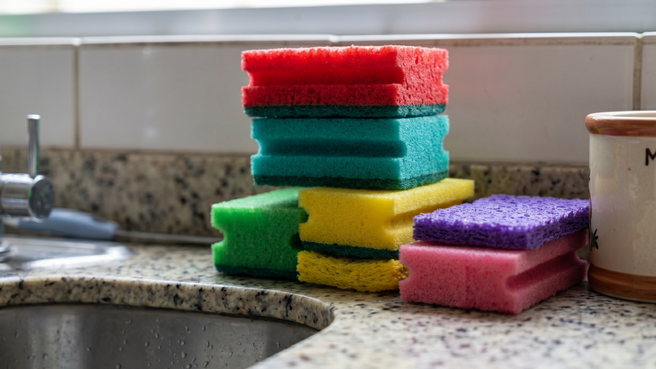 Por que as esponjas de louça têm cores diferentes e o que isso realmente costuma indicar