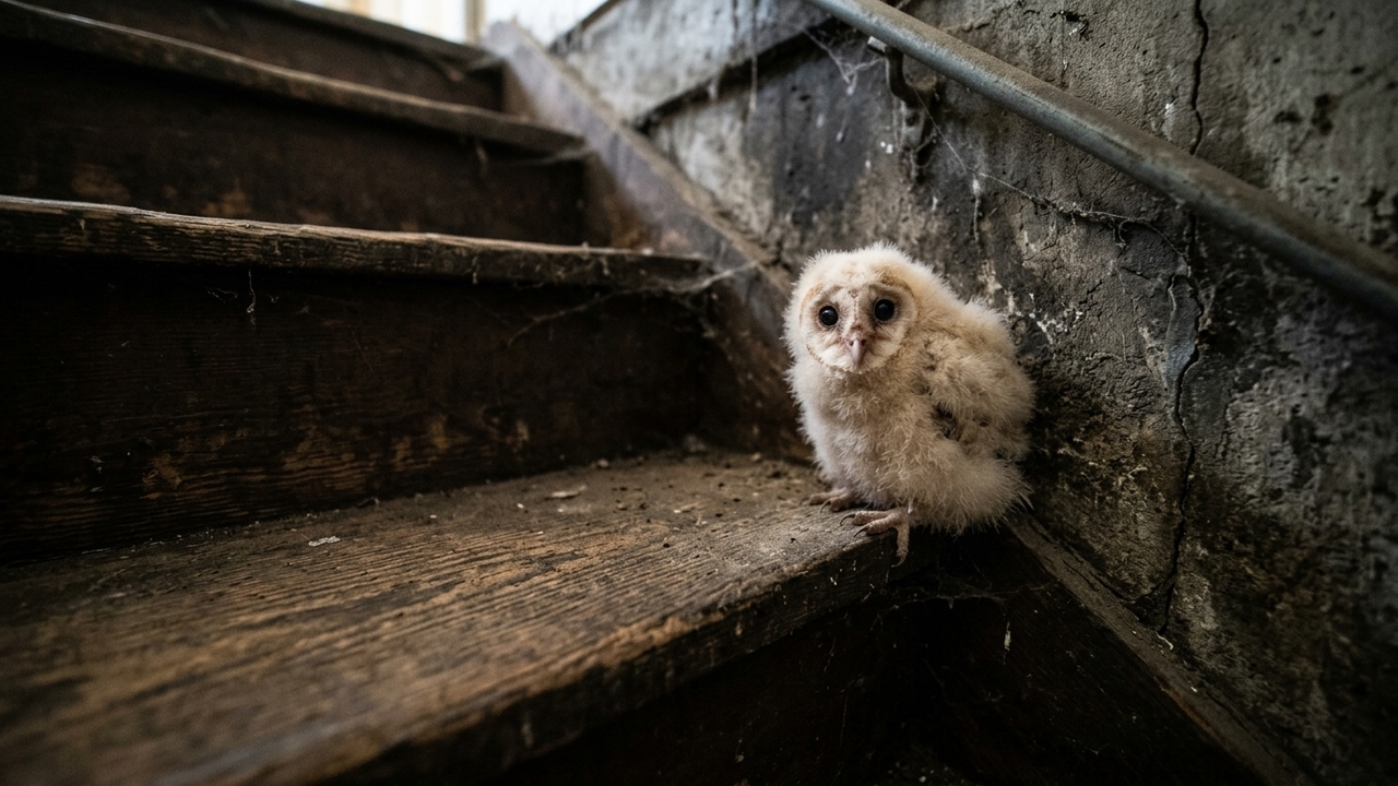 Filhote de coruja surpreende homem ao parecer uma bola de algodão na escada