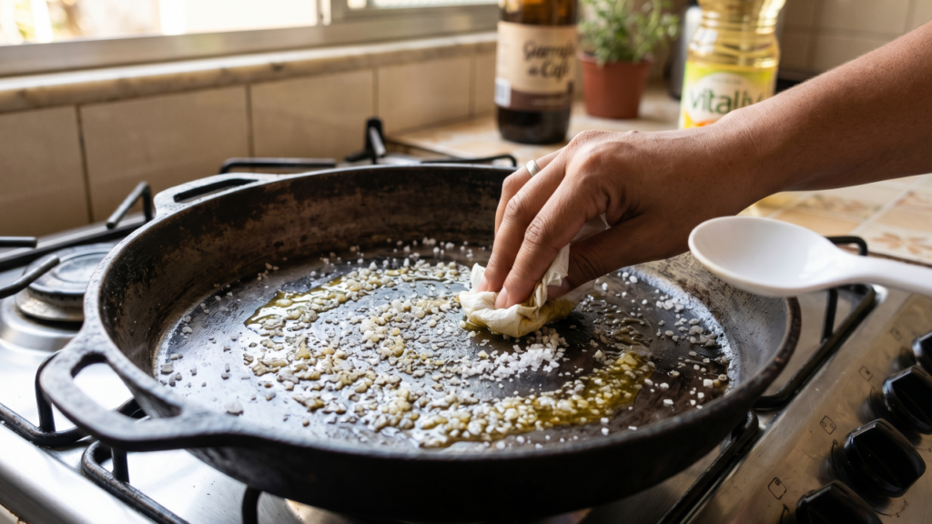 Adeus comida grudando: o método simples com sal e óleo que pode salvar sua frigideira antiga em casa