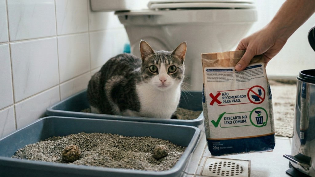 Nem toda areia de gato deve ir na descarga e esse detalhe pode evitar um grande problema no banheiro