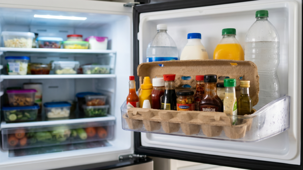 O truque com caixa de ovos que deixa a porta da geladeira mais organizada sem gastar nada com organizadores