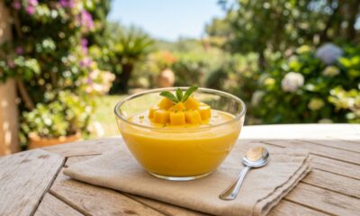 Com leite condensado, manga e creme de leite fresco, essa mousse de manga fica cremosa e perfeita para dias quentes